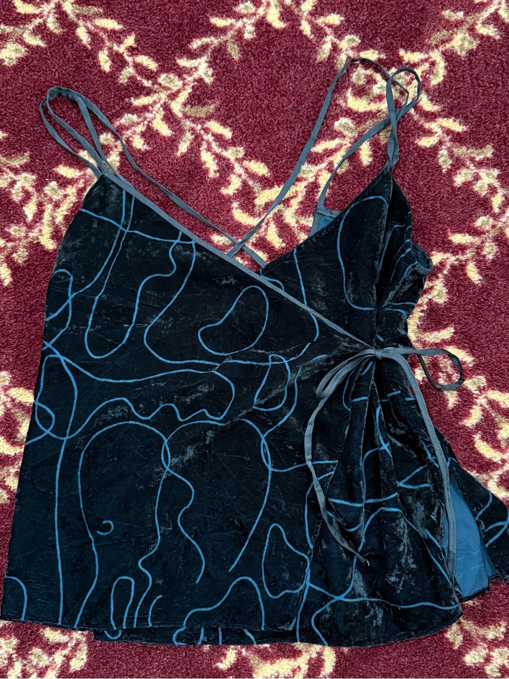 Women’s Velvet Wrap Cami Top - Black with Blue Line Detail